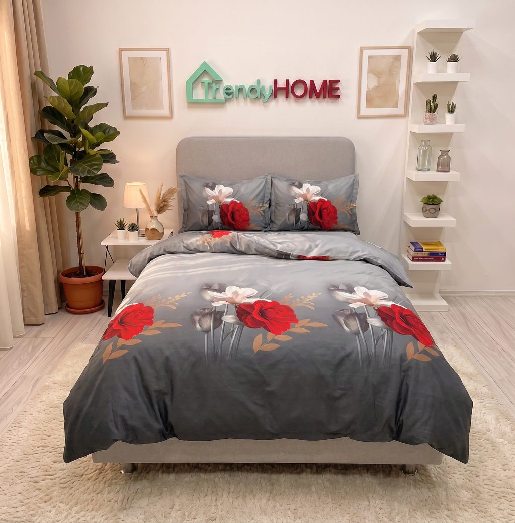 Lenjerie pat 1 Persoana, 4 PIESE, Bumbac Satinat, 3D, Model Floral, Gri/Rosu BG-15 — fotografie reală, acasă