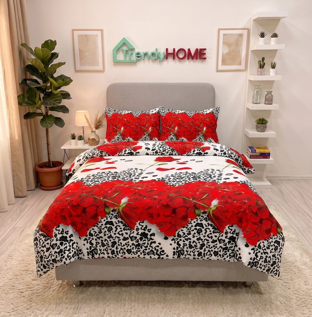 Lenjerie pat 1 Persoana, 4 PIESE, Bumbac Satinat, 3D, Model Floral, Rosu/Alb BG-09 — fotografie reală, acasă