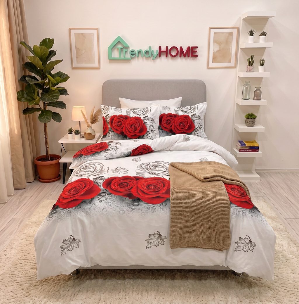 Lenjerie pat 1 Persoana, 4 PIESE, Bumbac Satinat, 3D, Model Trandafiri, Rosu/Alb, BG-33 — fotografie reală, acasă