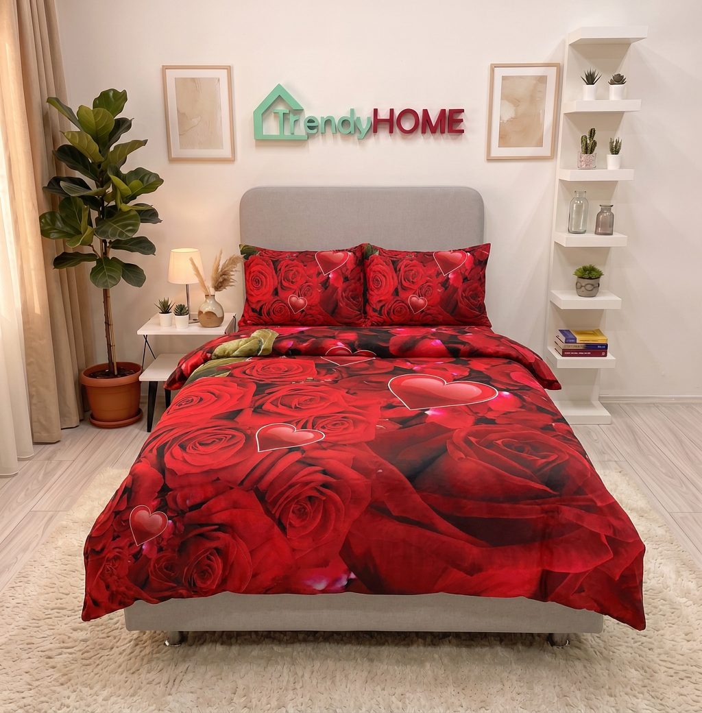 Lenjerie pat 1 Persoana, 4 PIESE, Bumbac Satinat, 3D, Model Trandafiri, Rosu BG-12 — fotografie reală, acasă