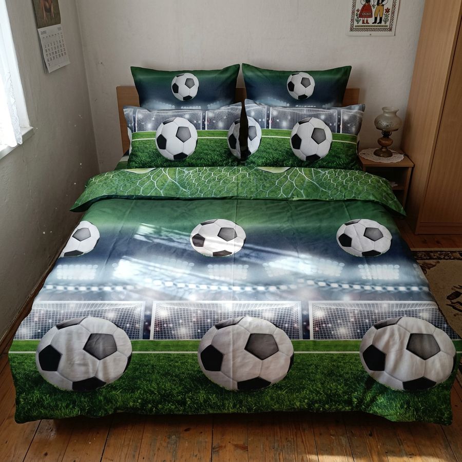 Lenjerie pat Dublu, 6 PIESE, Bumbac Satinat, 3D, Fotbal, Verde , B60-27 — fotografie reală, acasă