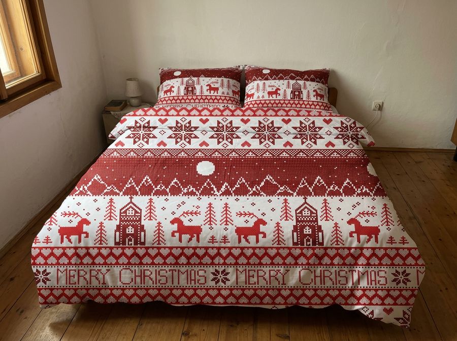 Lenjerie pat 2 persoane, 6 Piese, Bumbac Finet, Rosu/Alb, Merry Christmas, BR11096 — fotografie reală, acasă