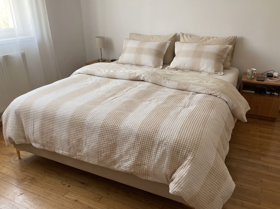 Lenjerie pat, Bumbac Fin, IN Grofat Latos, 6 Piese, Elegant, Alb/Crem, P23663-Elastic — fotografie reală, acasă