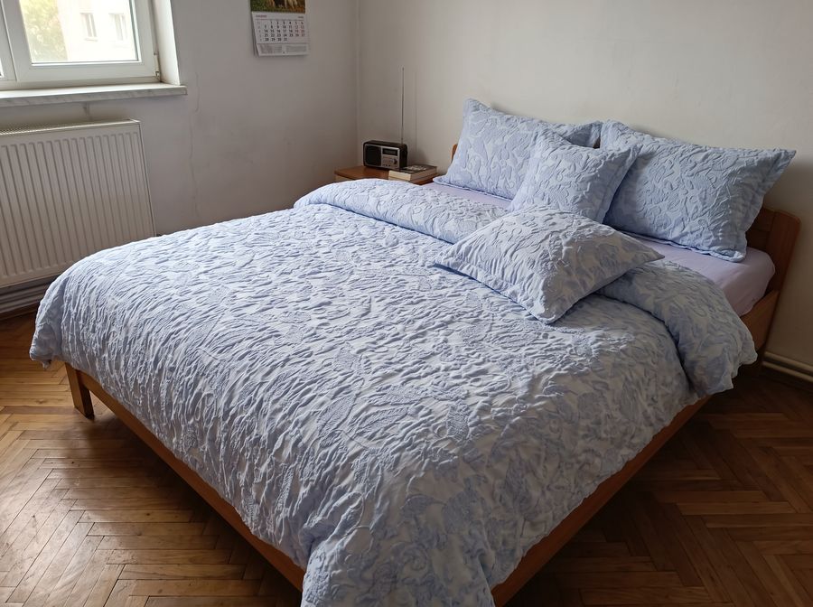 Lenjerie pat, Bumbac Fin, IN Grofat Latos, 6 Piese, Frunze, Bleu, P23668-Elastic — fotografie reală, acasă