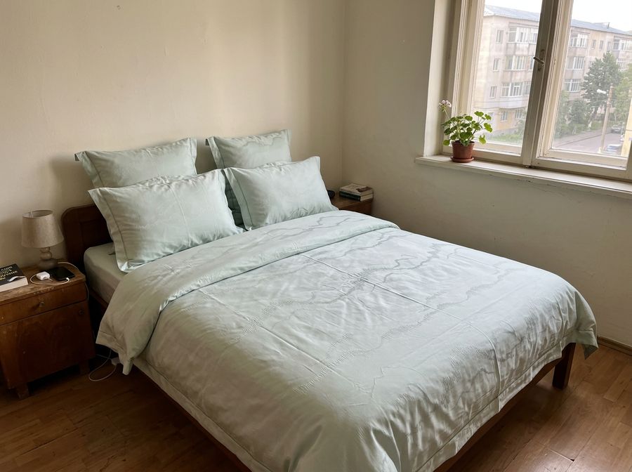 Lenjerie pat, Bumbac Satinat, 6 Piese, Uni, Verde, PT13688-Elastic — fotografie reală, acasă