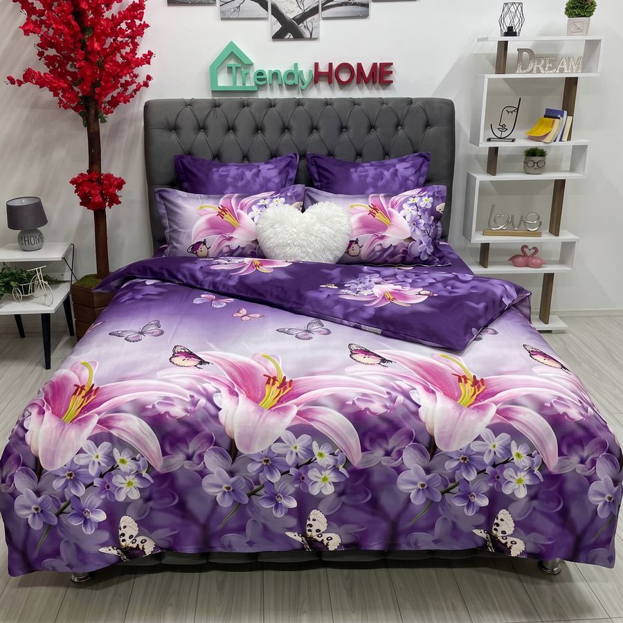 Lenjerie pat Dublu, 6 PIESE, Bumbac Satinat, 3D, Model Floral, Violet , B60-25 — fotografie reală, acasă