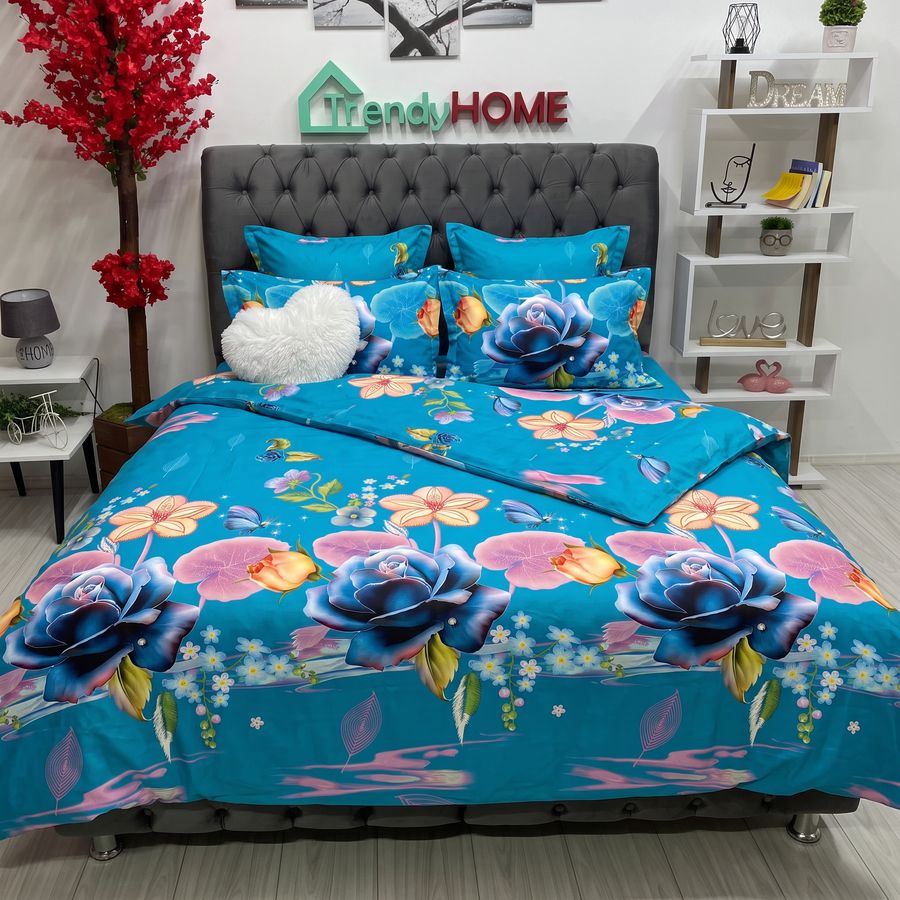Lenjerie pat Dublu, 6 PIESE, Bumbac Satinat, 3D, Model Floral, Albastru  B60-13 — fotografie reală, acasă