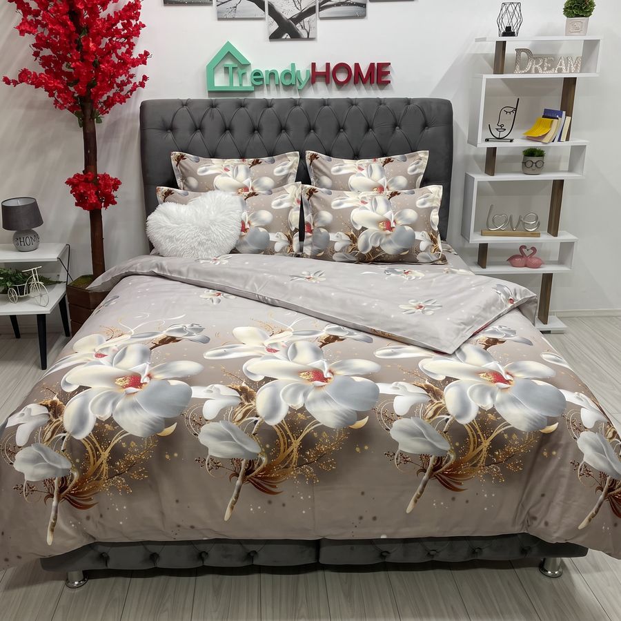 Lenjerie pat Dublu, 6 PIESE, Bumbac Satinat, 3D, Model Floral, B60-03 — fotografie reală, acasă