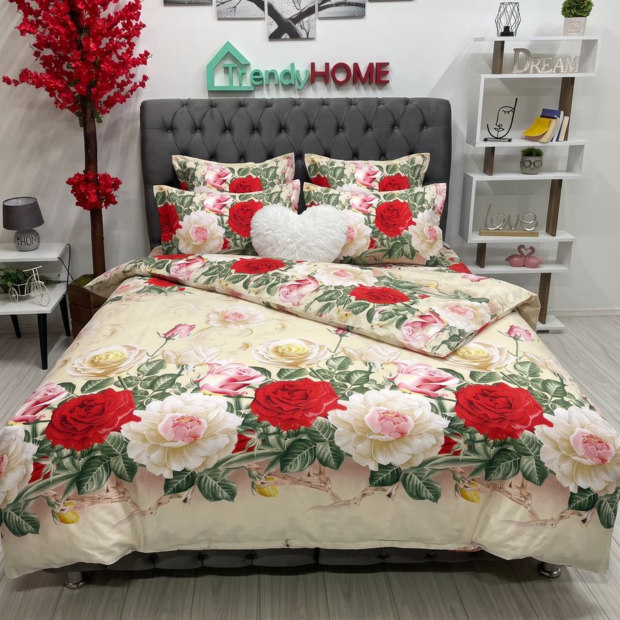 Lenjerie pat Dublu, 6 PIESE, Bumbac Satinat, 3D, Model Floral, Bej B60-12 — fotografie reală, acasă
