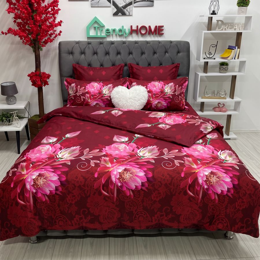 Lenjerie pat Dublu, 6 PIESE, Bumbac Satinat, 3D, Model Floral, Rosu B60-16 — fotografie reală, acasă