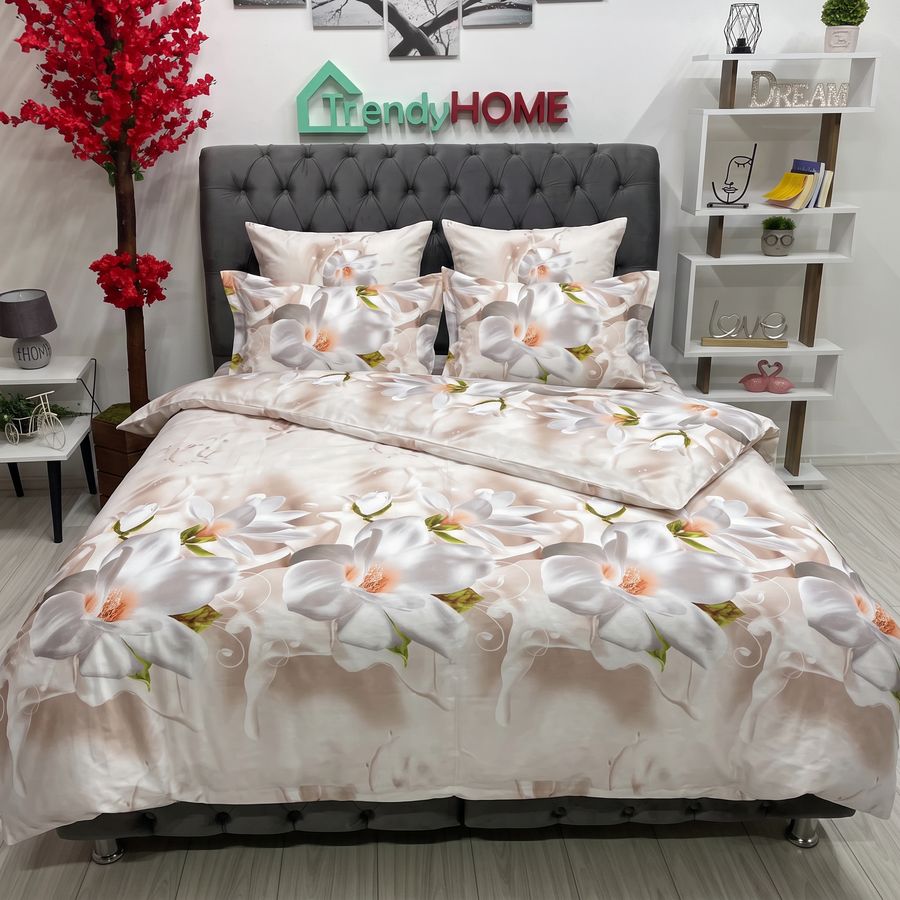 Lenjerie pat Dublu, 6 PIESE, Bumbac Satinat, 3D, Model Floral, B60-04 — fotografie reală, acasă
