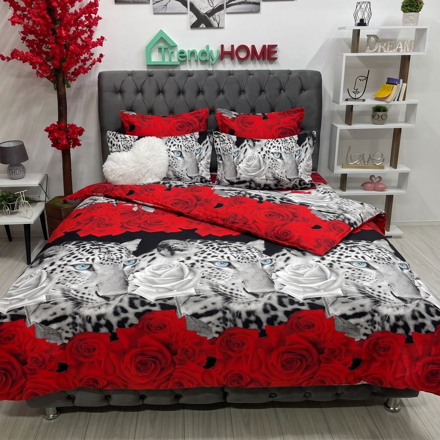 Lenjerie pat Dublu, 6 PIESE, Bumbac Satinat, 3D, Model Leopard, Rosu/Gri  B60-11 — fotografie reală, acasă