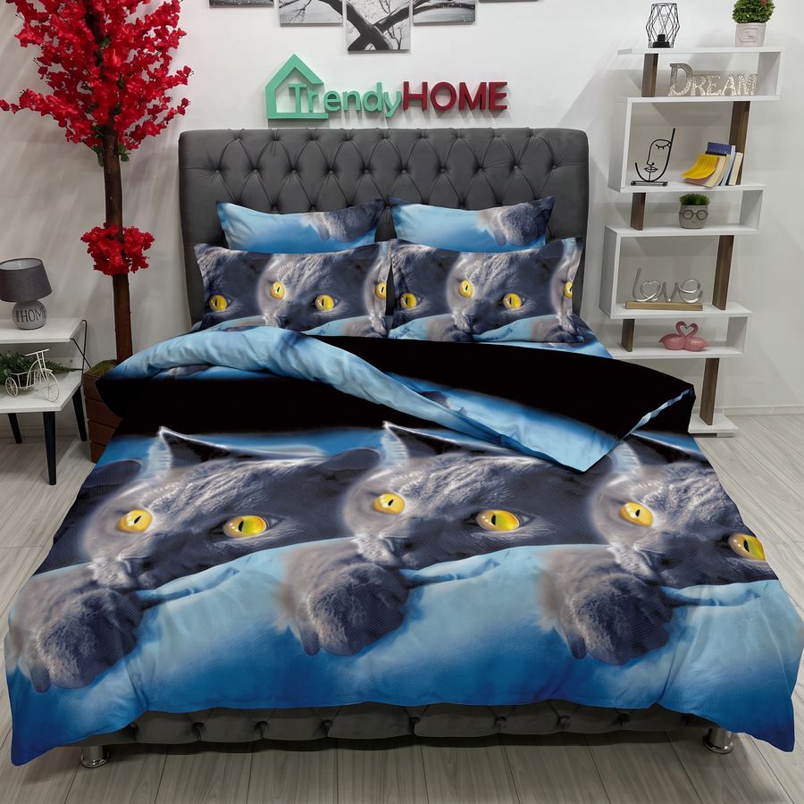 Lenjerie pat Dublu, 6 PIESE, Bumbac Satinat, 3D, Model Pisici, Albastru/Gri , B60-24 — fotografie reală, acasă