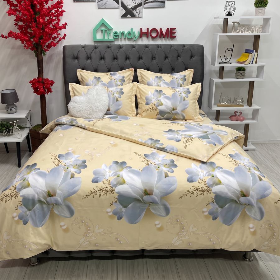 Lenjerie Pat Dublu, Bumbac Satinat, 3D, Floricele, Galben, B-595 — fotografie reală, acasă
