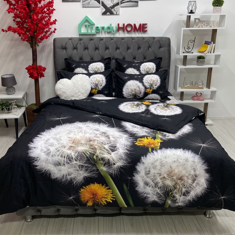 Lenjerie Pat Dublu, Bumbac Satinat, 3D, Papadie, Negru, B-603 — fotografie reală, acasă