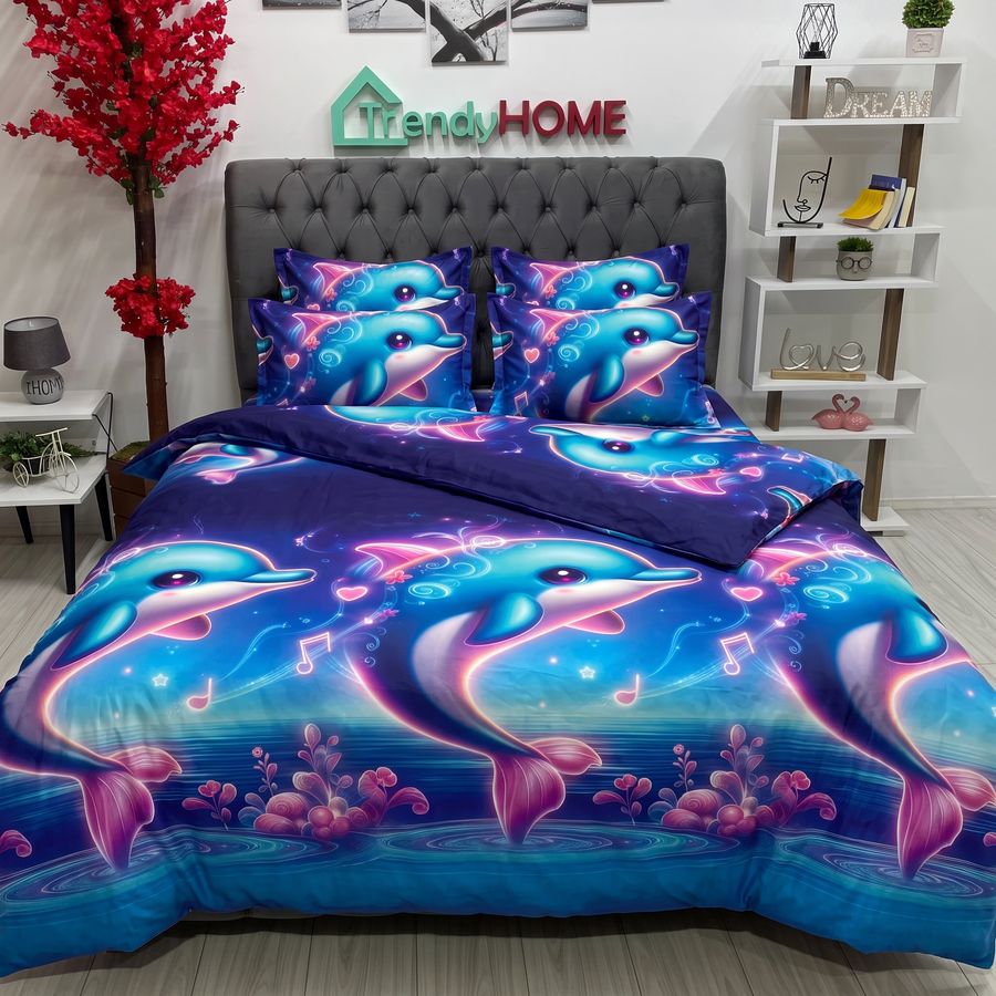 Lenjerie Pat Dublu Cu Elastic, Bumbac Satinat, Delfini, Multicolor, E153 — fotografie reală, acasă