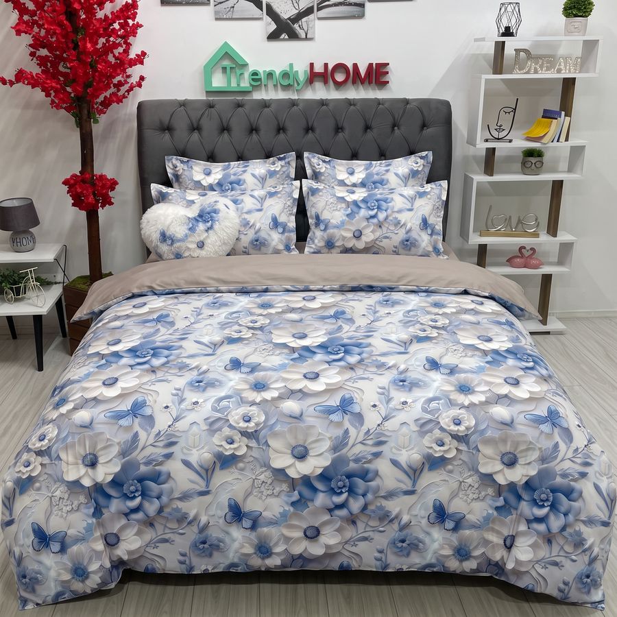 Lenjerie Pat Dublu Cu Elastic, Bumbac Satinat, Floricele, Crem/Albastru, E150 — fotografie reală, acasă