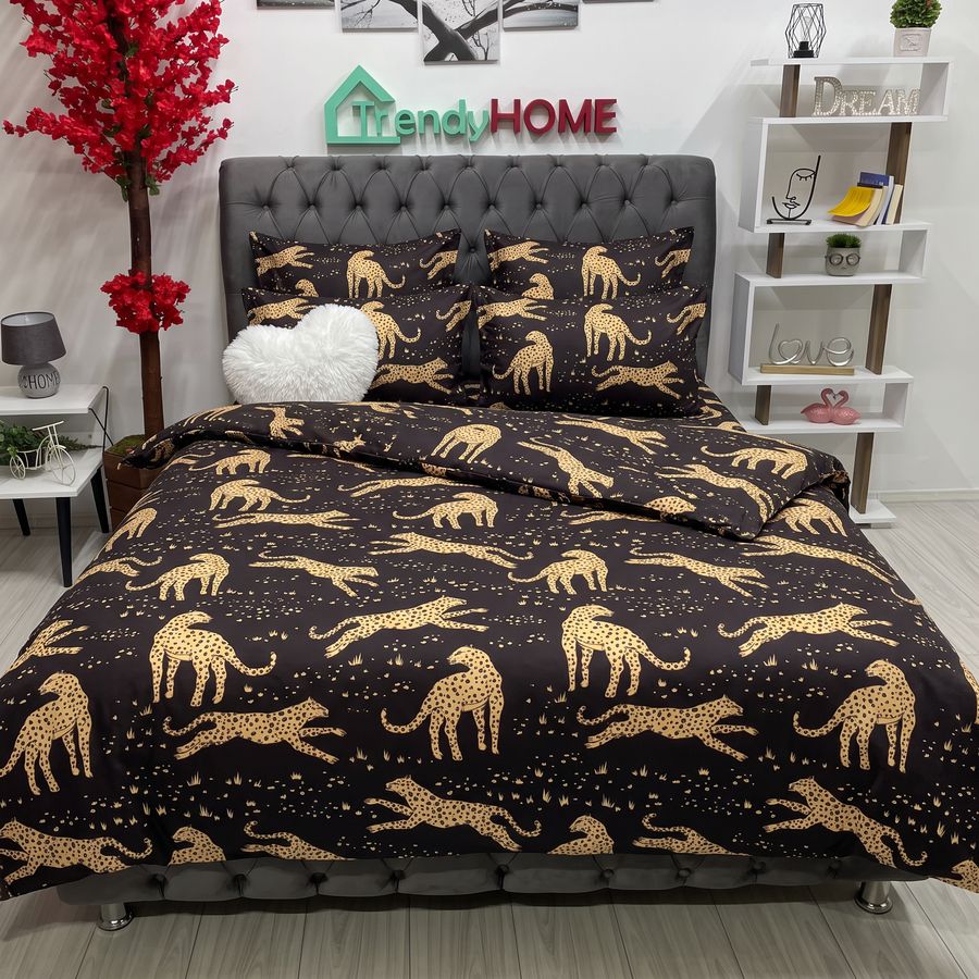 Lenjerie Pat Dublu Cu Elastic, Bumbac Satinat, Leopard, Negru/Maro, E149 — fotografie reală, acasă