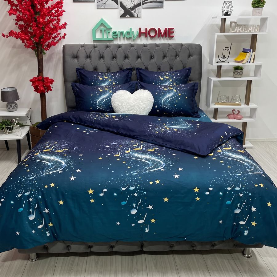 Lenjerie Pat Dublu Cu Elastic, Bumbac Satinat, Note Muzicale, Bleumarin, E163 — fotografie reală, acasă