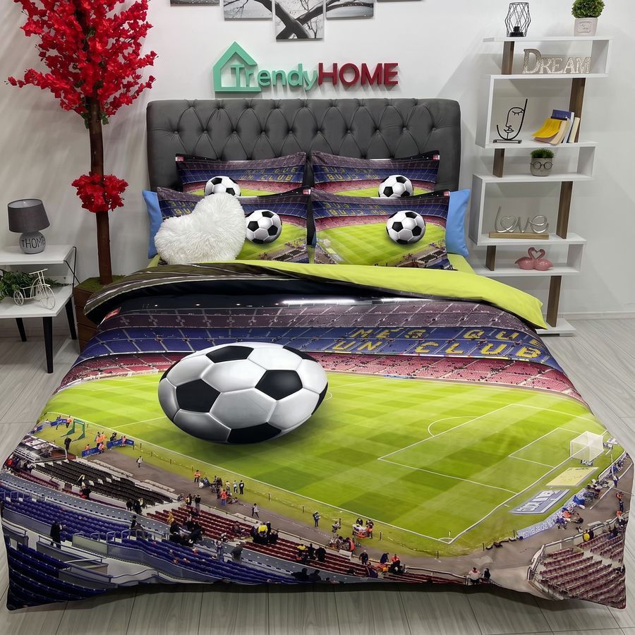 Lenjerie Pat Dublu, Bumbac Satinat, 3D, Teren De Fotbal, Multicolor, B-212 — fotografie reală, acasă