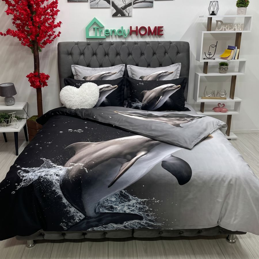 Lenjerie Pat Dublu, Bumbac Satinat, 3D, Delfini, Negru/Gri, B-601 — fotografie reală, acasă