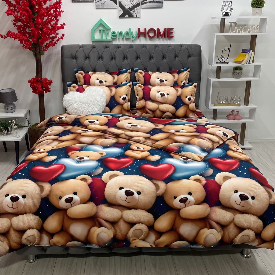Lenjerie Pat Dublu Cu Elastic, Bumbac Satinat, Ursuleti, Multicolor, E154 — fotografie reală, acasă
