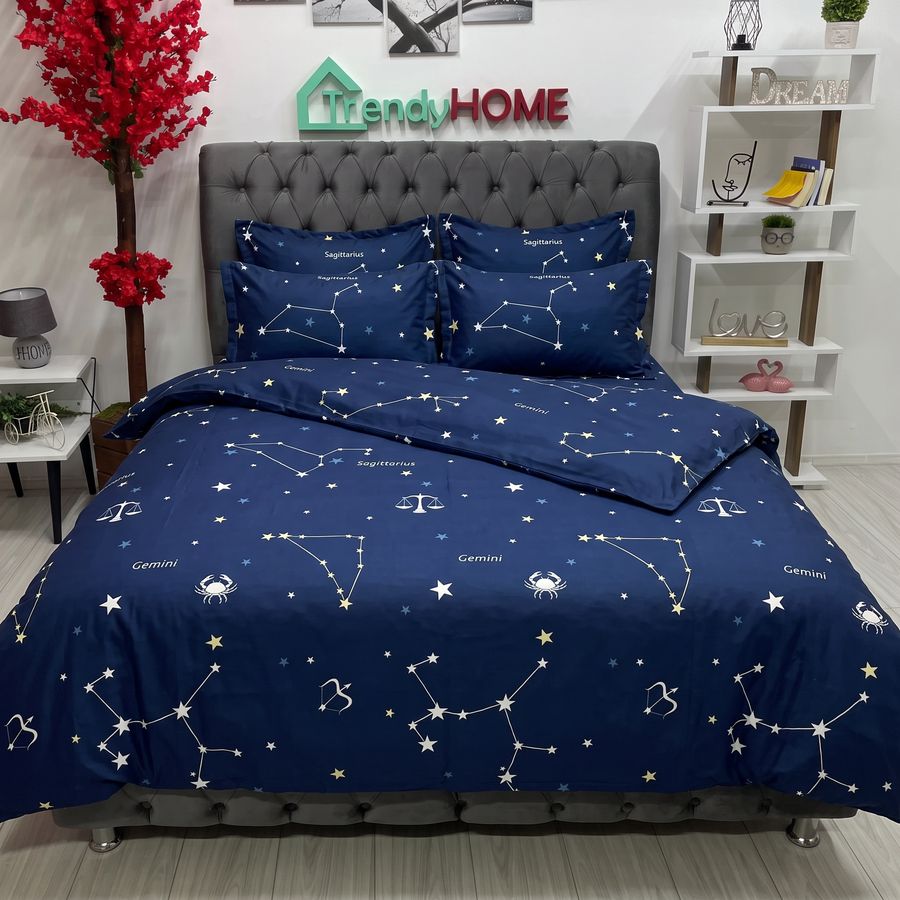 Lenjerie Pat Dublu Cu Elastic, Bumbac Satinat, Constelatie, Bleumarin, E 03 — fotografie reală, acasă