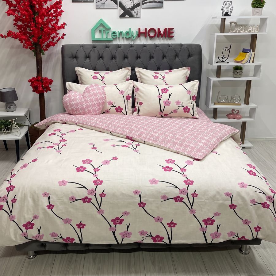 Lenjerie Pat Dublu Cu Elastic, Bumbac Satinat, Crengi Inflorate, Alb/Roz, E 24 — fotografie reală, acasă