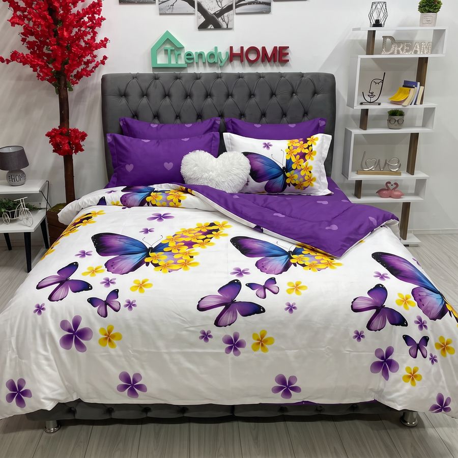Lenjerie Pat Dublu Cu Elastic, Bumbac Satinat, Fluturi, Alb/Mov/Galben, E 126 — fotografie reală, acasă