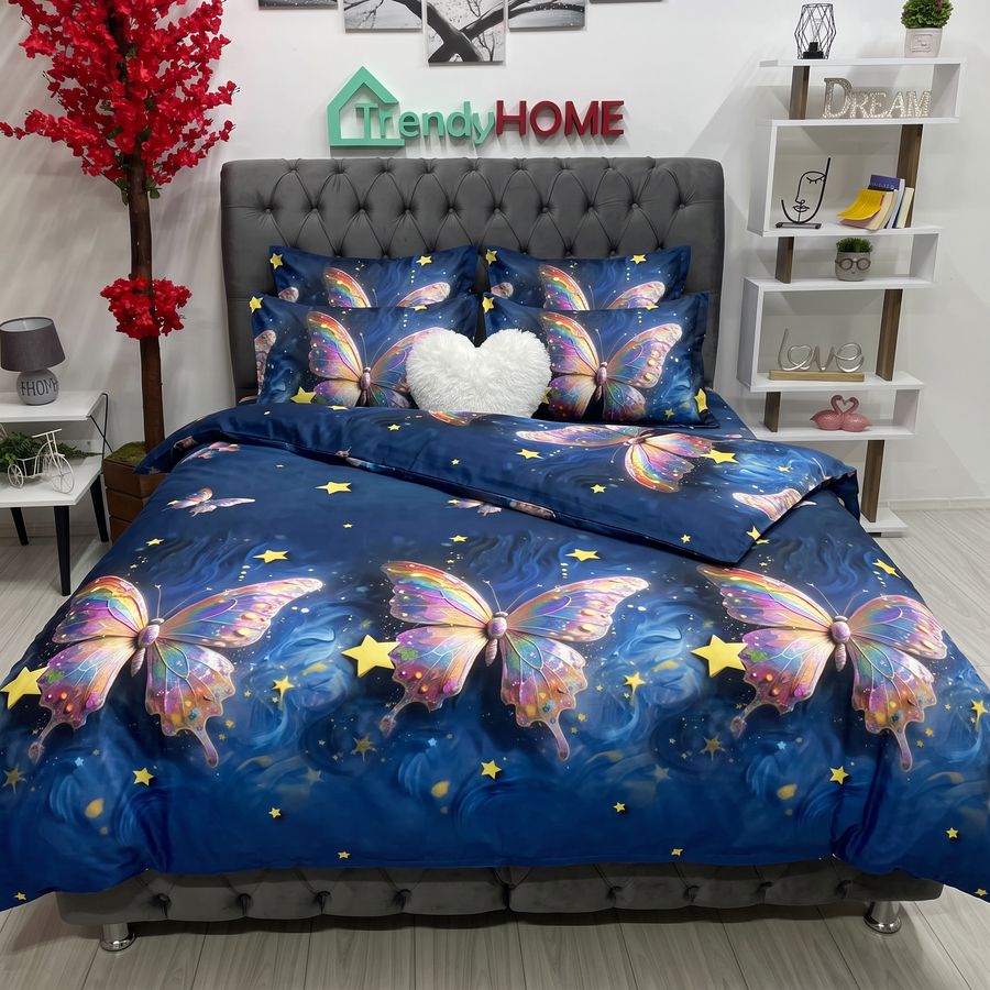 Lenjerie Pat Dublu Cu Elastic, Bumbac Satinat, Fluturi, Albastru/Bleu, E187 — fotografie reală, acasă
