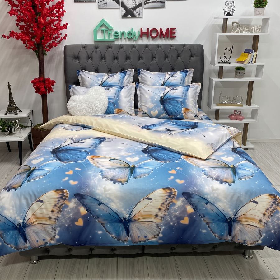 Lenjerie Pat Dublu Cu Elastic, Bumbac Satinat, Fluturi, Albastru, E185 — fotografie reală, acasă