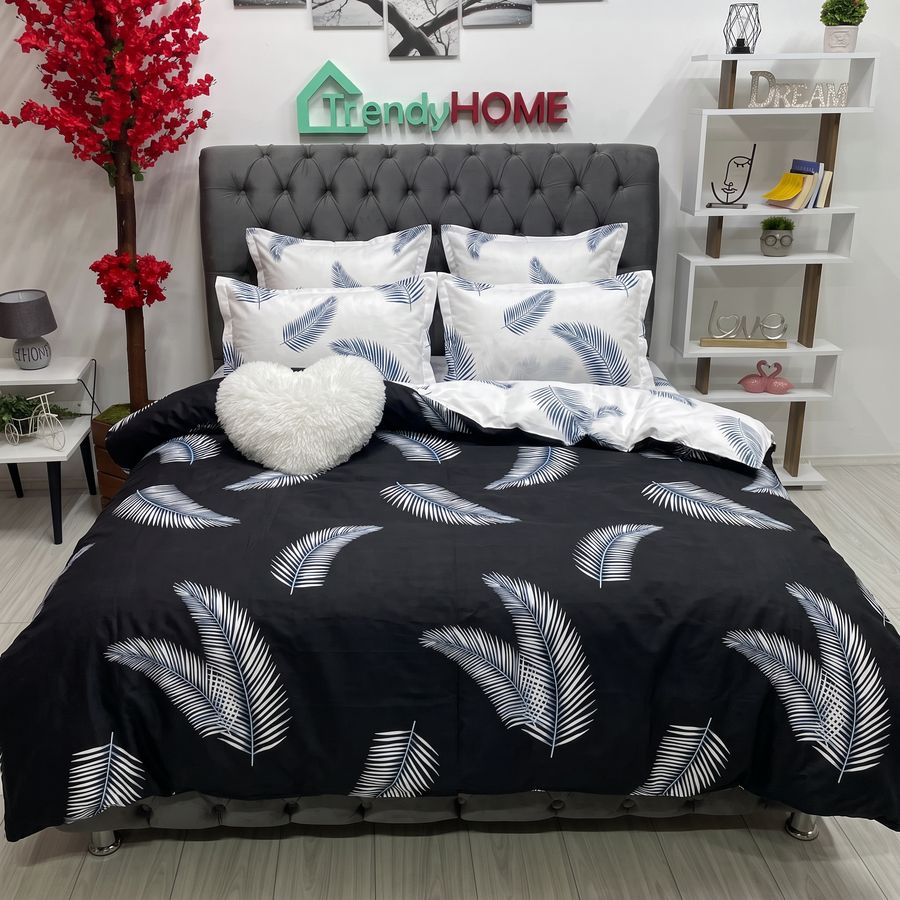 Lenjerie Pat Dublu Cu Elastic, Bumbac Satinat, Frunze, Negru/Alb, E 09 — fotografie reală, acasă