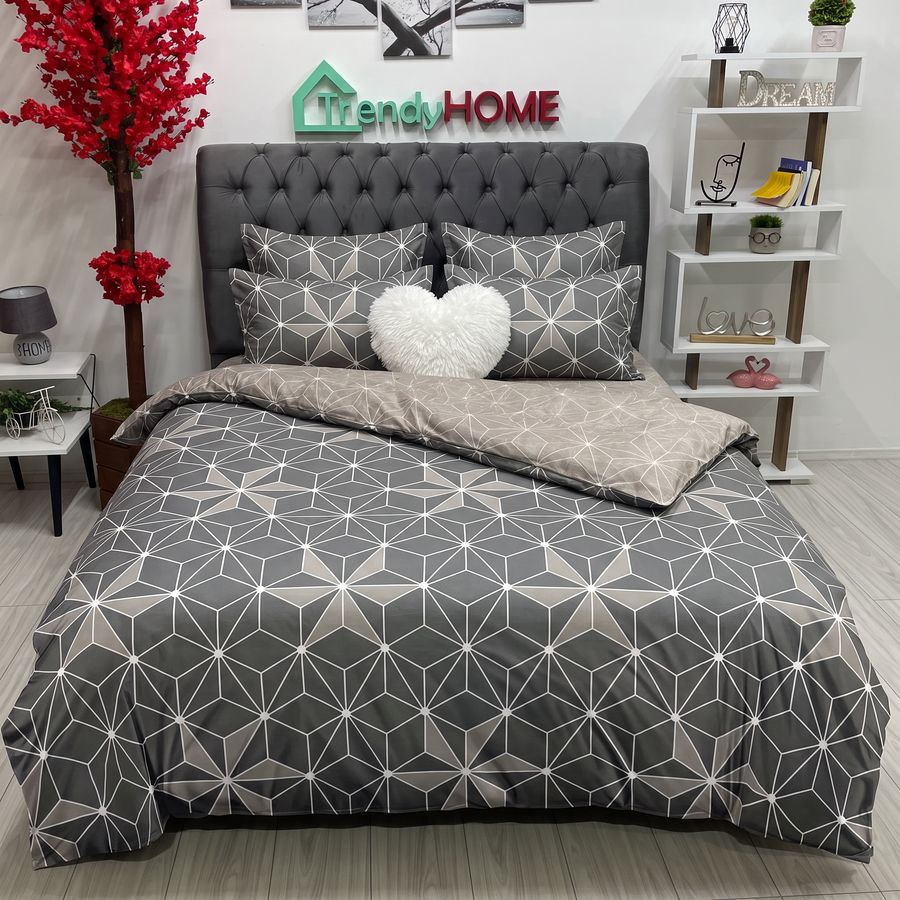 Lenjerie Pat Dublu Cu Elastic, Bumbac Satinat, Geometric, Gri, E 27 — fotografie reală, acasă
