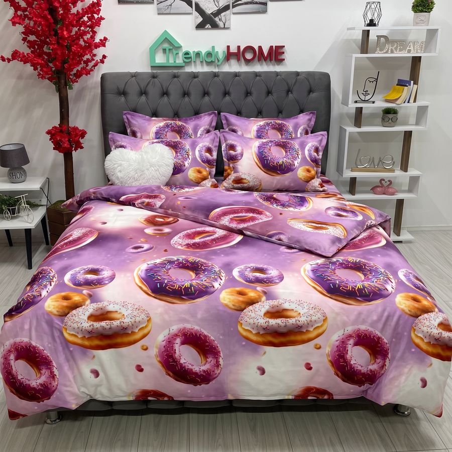 Lenjerie Pat Dublu Cu Elastic, Bumbac Satinat, Gogosi, Multicolor, E 174 — fotografie reală, acasă