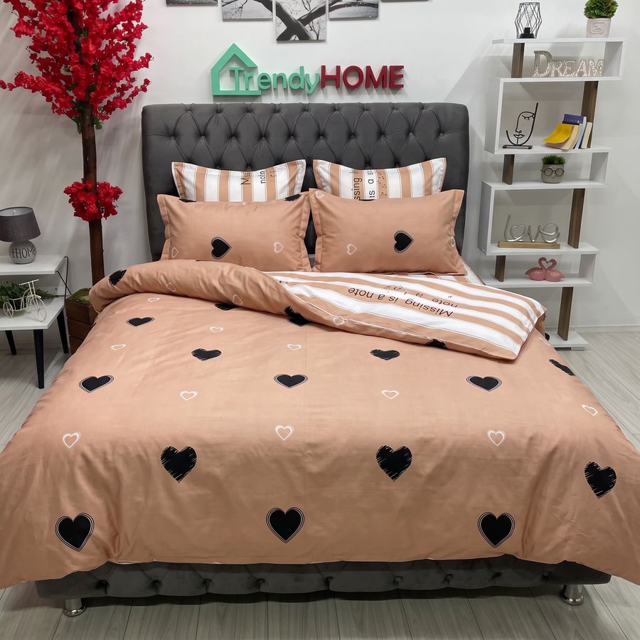 Lenjerie Pat Dublu Cu Elastic, Bumbac Satinat, Inimi Negre, Alb/Piersica, E 10 — fotografie reală, acasă