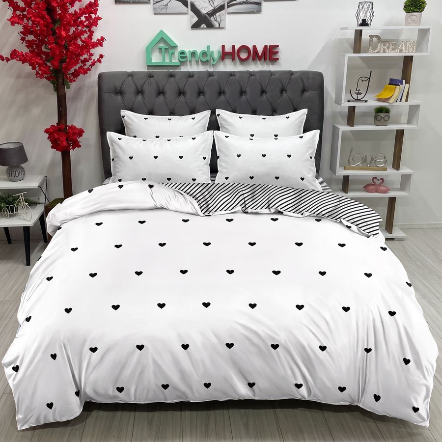 Lenjerie Pat Dublu Cu Elastic, Bumbac Satinat, Inimioare, Alb/Negru, E 127 — fotografie reală, acasă