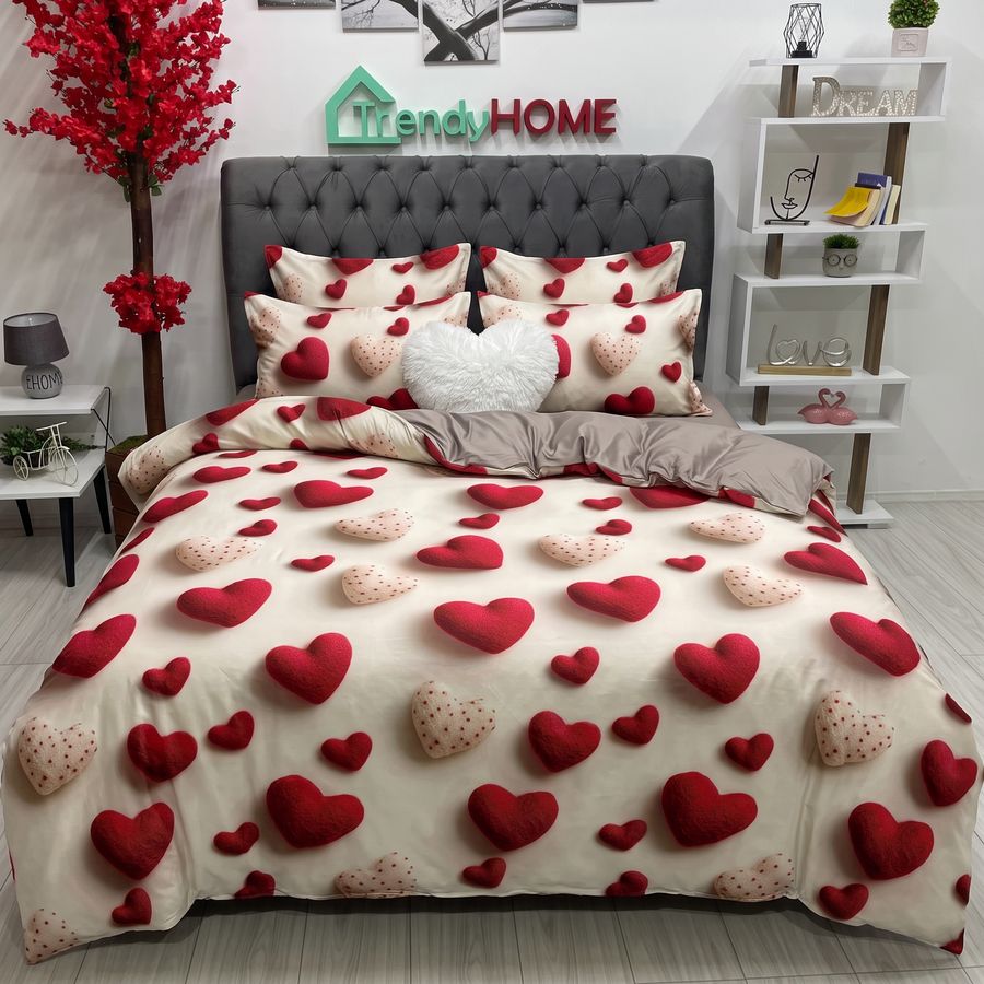 Lenjerie Pat Dublu Cu Elastic, Bumbac Satinat, Inimioare, Multicolor, E152 — fotografie reală, acasă