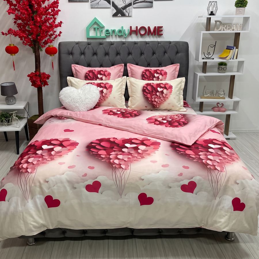 Lenjerie Pat Dublu Cu Elastic, Bumbac Satinat, Inimioare, Roz, E178 — fotografie reală, acasă