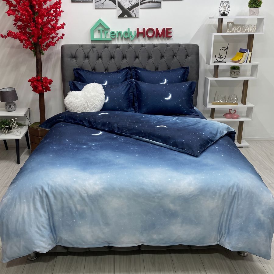Lenjerie Pat Dublu Cu Elastic, Bumbac Satinat, Instelat, Bleumarin, E 100 — fotografie reală, acasă