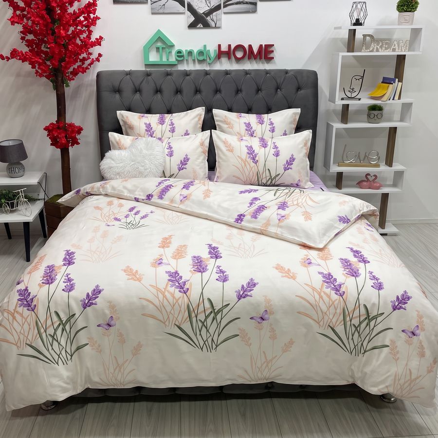 Lenjerie Pat Dublu Cu Elastic, Bumbac Satinat, Lavanda, Bej/Mov, E 125 — fotografie reală, acasă