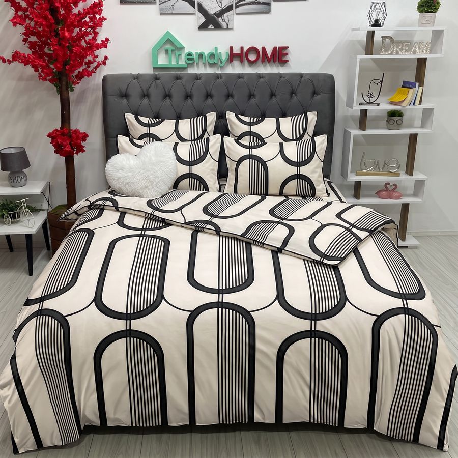 Lenjerie Pat Dublu Cu Elastic, Bumbac Satinat, Linii, Crem/Negru, E167 — fotografie reală, acasă