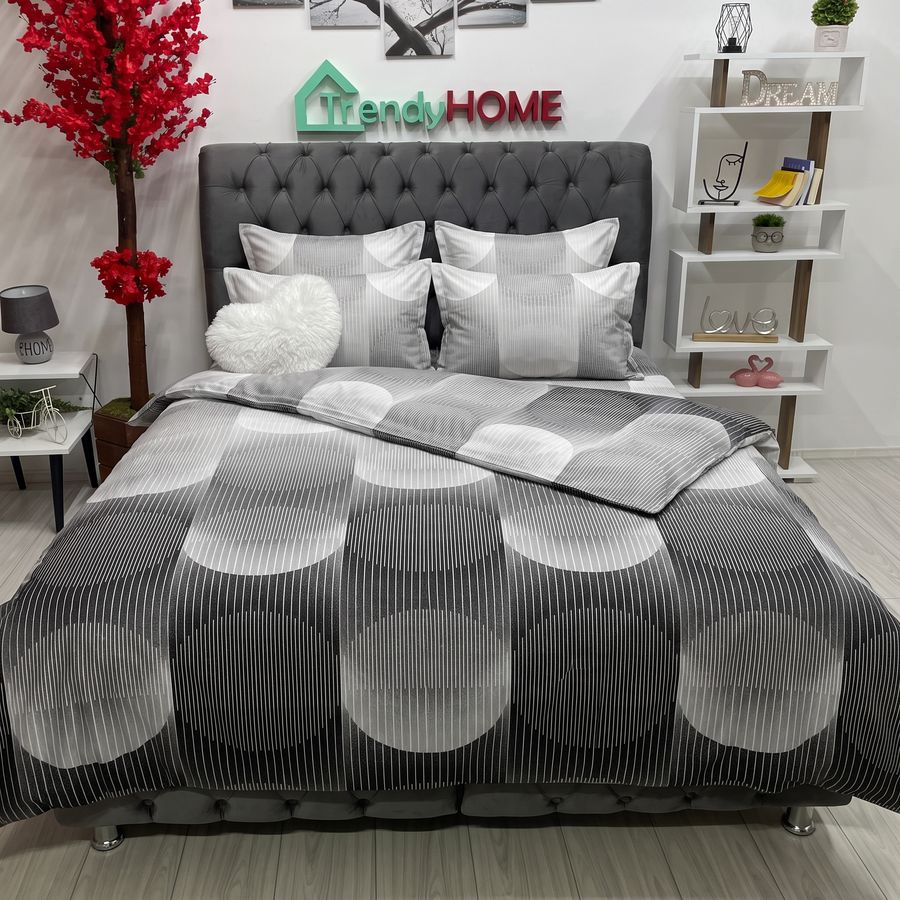 Lenjerie Pat Dublu Cu Elastic, Bumbac Satinat, Linii, Gri, E161 — fotografie reală, acasă