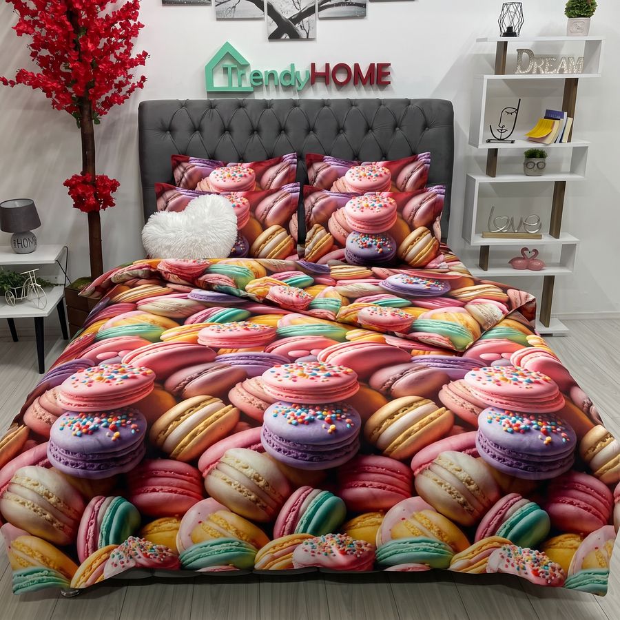 Lenjerie Pat Dublu Cu Elastic, Bumbac Satinat, Macarons, Multicolor, E177 — fotografie reală, acasă