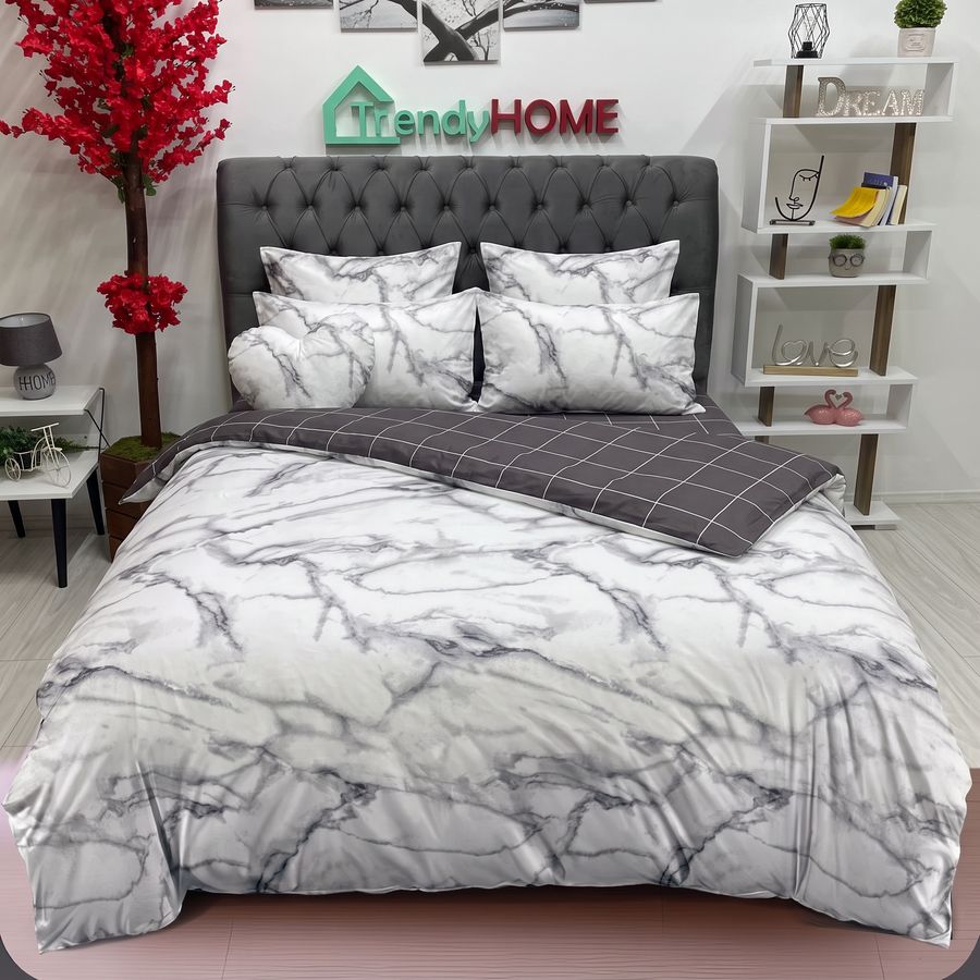 Lenjerie Pat Dublu Cu Elastic, Bumbac Satinat, Marmurat, Alb/Negru, E 16 — fotografie reală, acasă