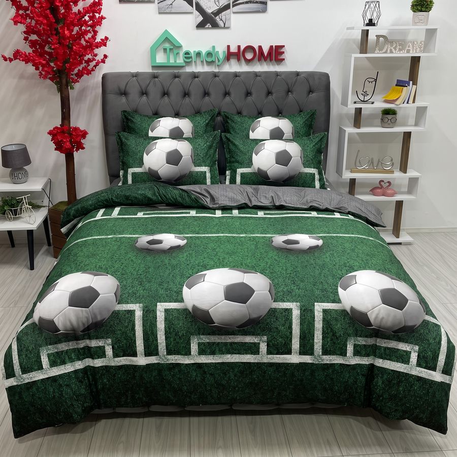 Lenjerie Pat Dublu Cu Elastic, Bumbac Satinat, Minge Fotbal, Verde, E 194 — fotografie reală, acasă