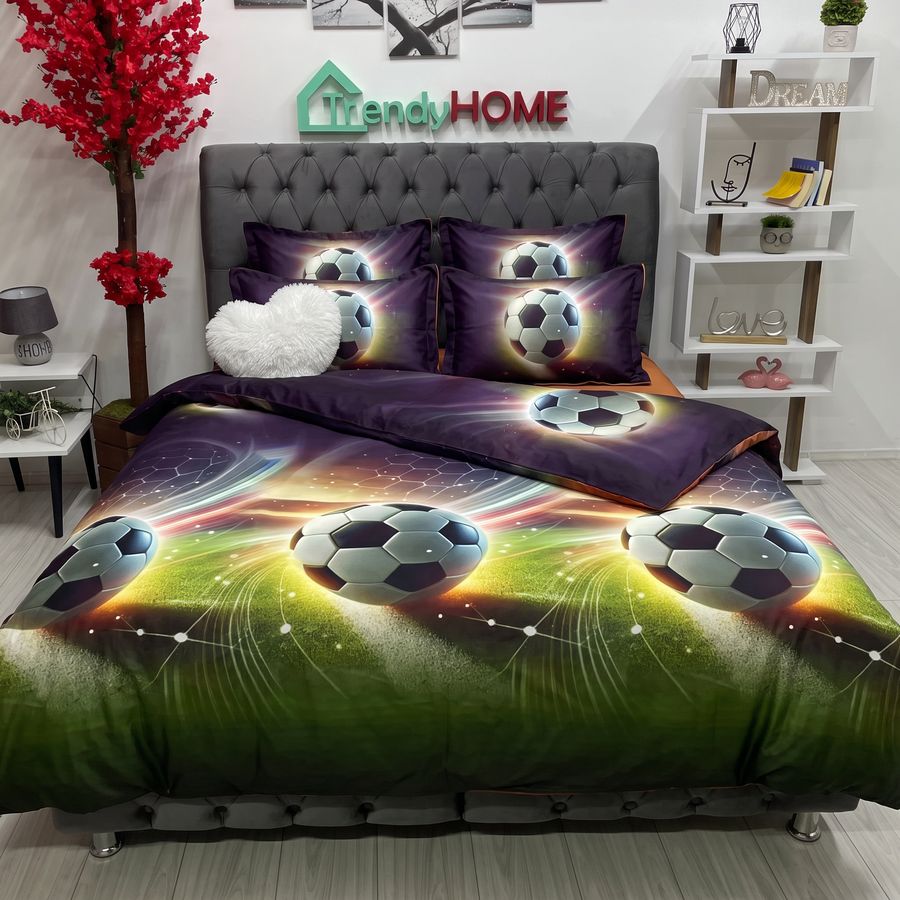 Lenjerie Pat Dublu Cu Elastic, Bumbac Satinat, Mingie Fotbal, Multicolor, E182 — fotografie reală, acasă