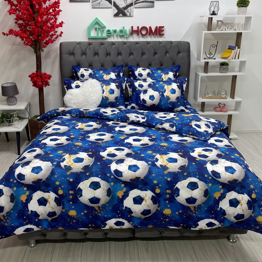 Lenjerie Pat Dublu Cu Elastic, Bumbac Satinat, Mingii De Fotbal, Albastru, E189 — fotografie reală, acasă