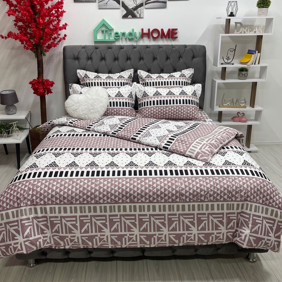 Lenjerie Pat Dublu Cu Elastic, Bumbac Satinat, Modern, Gri/Alb, E 80 — fotografie reală, acasă