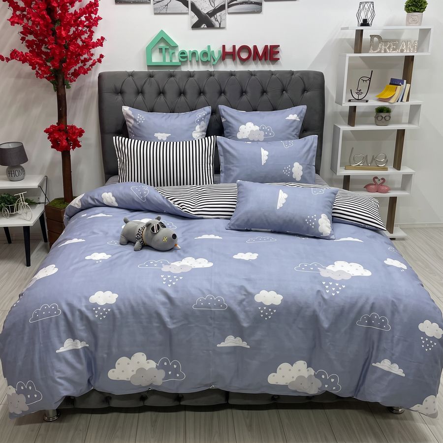 Lenjerie Pat Dublu Cu Elastic, Bumbac Satinat, Nori, Bleu/Gri, E 06 — fotografie reală, acasă