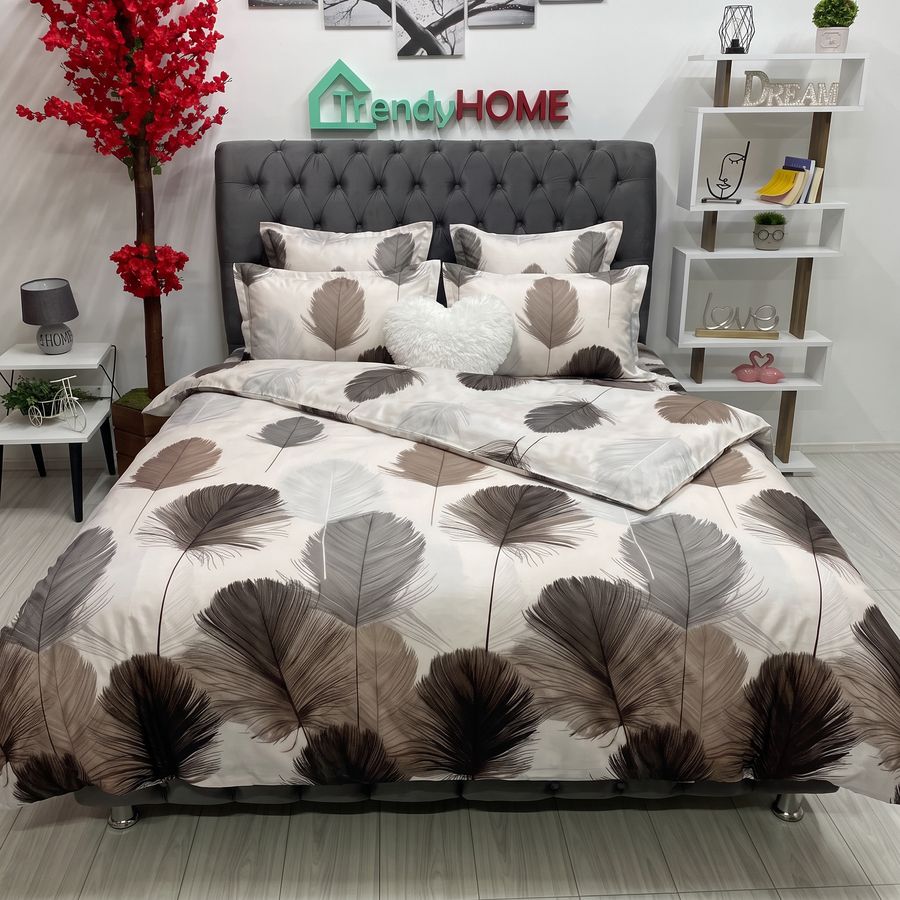 Lenjerie Pat Dublu Cu Elastic, Bumbac Satinat, Pene, Maro/Crem, E179 — fotografie reală, acasă